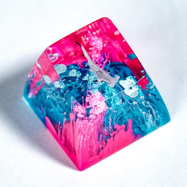 Tecla de resina de tiburón rosa y azul, perfil SA, teclado mecánico Cherry MX hecho a mano