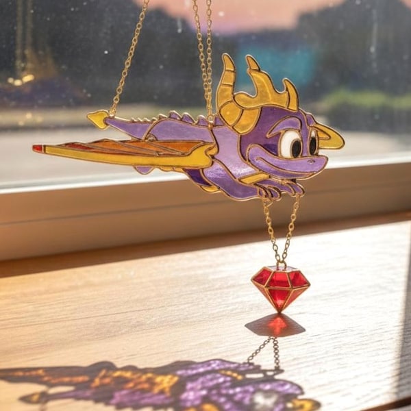Sp.yr0 Dra.g0n Resin Suncatcher With Gem Charm, Retro Gamer Nostalgic Gift, Purple Dragon Faux Stained Glass Window Hanging
