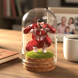 Könnte beinhalten: Eine rot-weiß gekleidete Superheldenfigur in einer Glaskuppel, die auf einem Korksockel steht. Die Figur hockt auf einem grünen Rasenstück. Ein Notizbuch mit dem Text "Dad's Wisdom & World Domination Plans" ist sichtbar.