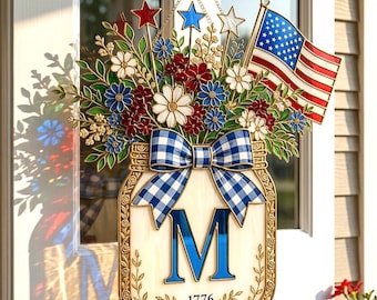 Patriotic Mason Jar Door Hanger, Faux Stained Glass Fourth Of July Wreath, Red White And Blue Floral Summer Welcome Sign