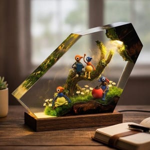 May include: A trapezoidal resin lamp featuring a miniature woodland scene with four small colorful figures, green moss, and tiny white flowers. The clear resin block is mounted on a rectangular wooden base and contains an integrated light source.
