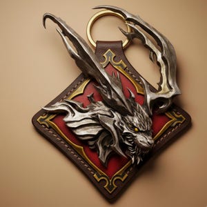 Könnte beinhalten: Detaillierter Schlüsselanhänger mit einem silbernen Drachenkopf mit scharfen Krallen und gelben Augen. Der Drache befindet sich auf einem roten und braunen Lederhintergrund mit goldenen Akzenten und einem Metallring.