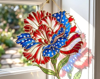 Carnations Patriotic American Flag Flower Suncatcher - Faux Stained Glass Window Hanging Art - July 4th Memorial Day USA Decor Gift
