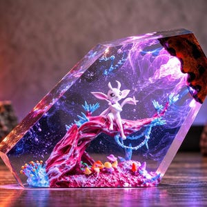 May include: A clear resin block containing a miniature scene with a white, horned creature sitting on a pink and red tree branch. The scene features blue coral-like structures, small colorful mushrooms, and swirling purple and blue light effects.