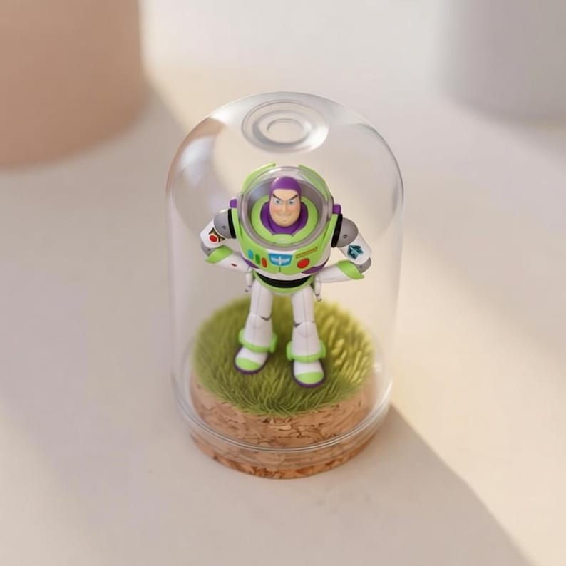 以下が含まれることがあります： 透明なガラスドームの中のバズ・ライトイヤーのフィギュア。フィギュアは緑、白、紫で、緑色の人工芝の上に立っています。ベースはコルク製です。ドームは白い表面にあります。