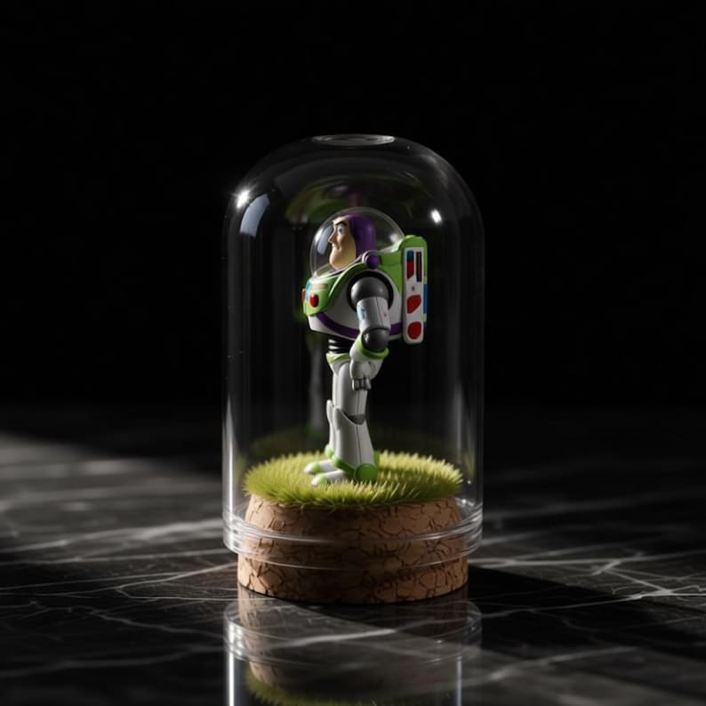以下が含まれることがあります： 白、緑、紫の宇宙服を着たバズ・ライトイヤーのフィギュアが、透明なガラスドームの中に立っています。フィギュアは、人工芝の小さなパッチとコルクの台座の上にあり、暗い背景が特徴です。