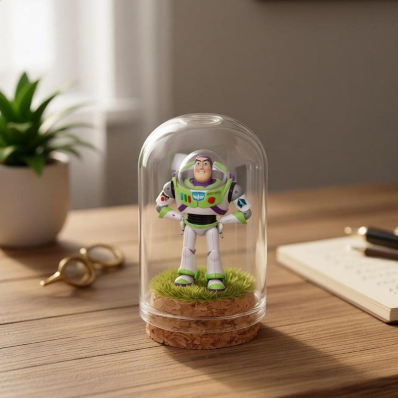 以下が含まれることがあります： 透明なガラスドームの中のバズ・ライトイヤーのフィギュア。フィギュアは、コルクの台座の上に人工芝が敷かれた上に立っています。ドームは木製の表面にあり、背景には小さな植物と金色のメガネがあります。