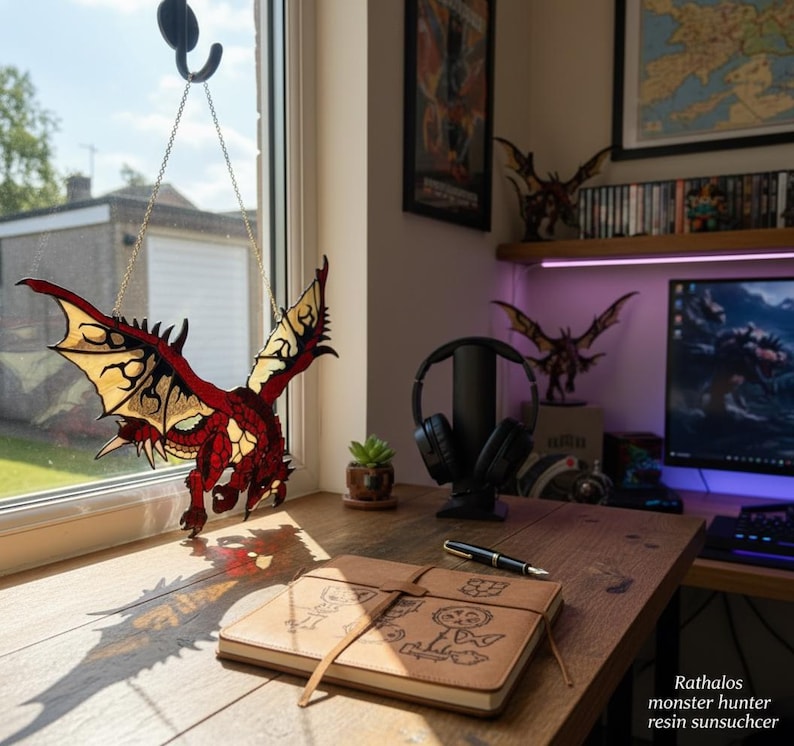 K&ouml;nnte beinhalten: Ein roter und beigefarbener Drachen-Suncatcher h&auml;ngt vor einem Fenster. Der Drache hat detaillierte Fl&uuml;gel und eine Kette zum Aufh&auml;ngen. Ein braunes Lederjournal mit ge&auml;tzten Designs und dem Text "Rathalos monster hunter resin sunsuchcer" liegt auf einem Holzschreibtisch.