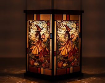 Laterne in Form einer Hexenlaterne aus Kunstharz mit Buntglas-Imitation, Kürbis-Nachtlicht aus Kunstharz für Halloween, gotische Herbstdeko im Hexenstil, mystisches Geschenk für dunkle Fantasie