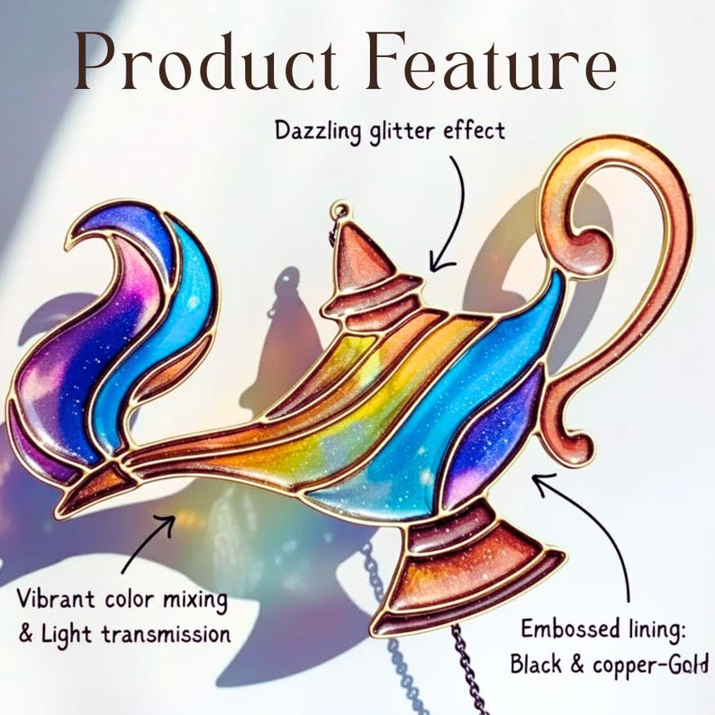 K&ouml;nnte beinhalten: Eine dekorative Dschinn-Lampe mit lebendiger Farbmischung und Lichtdurchl&auml;ssigkeit. Die Lampe hat einen schillernden Glitzereffekt und ein gepr&auml;gtes schwarzes und kupfergoldenes Futter. Der Text "Product Feature" steht oben.