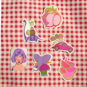 Set of 6 Vinyl Stickers – Hot Pink Summer Edition: Elephant, Car, Dinosaur, Melon, Dragon Fruit & Woman Portrait – Illustration, Art, Summer