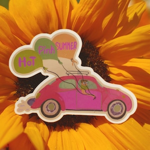 Summer Road Trip Vinyl Sticker – Pink Car with Balloons, Illustration, Art, Car, Hot Pink Summer Vinyl Sticker