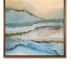 Puede incluir: Pintura abstracta con capas de pintura azul, verde y beige. La pintura tiene una superficie texturizada y una sensación suave y de ensueño.