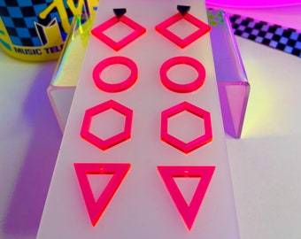 80's Interchangeable Geometric Earrings/Fluorescent Neon Acrylic/Blacklight/EDC/Rave/Cyberpunk