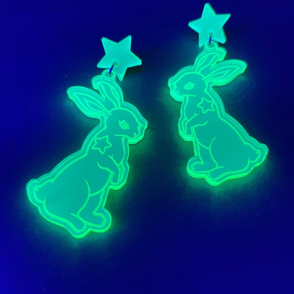 White Rabbit Earrings/Fluorescent Neon Green Acrylic/Matrix/EDC/Rave/Cyberpunk/Black Light