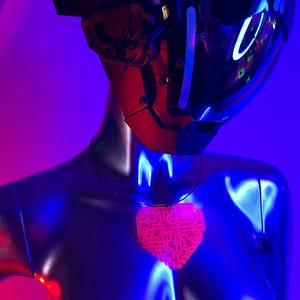 Cyberpunk Circuit Board Heart Choker Necklace and Earrings/Fluorescent Neon Acrylic/Glows in Blacklight/5 colors available!