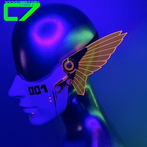 Cyberpunk Mecha Mask/Half Face Mask with Fluorescent Neon Orange Mecha Wings/Glows in Blacklight! image 1