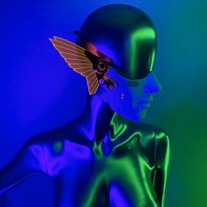 May include: A mannequin head wearing a futuristic helmet with a glowing yellow wing design. The helmet has a black visor and a textured surface. The mannequin is lit with blue and green light.