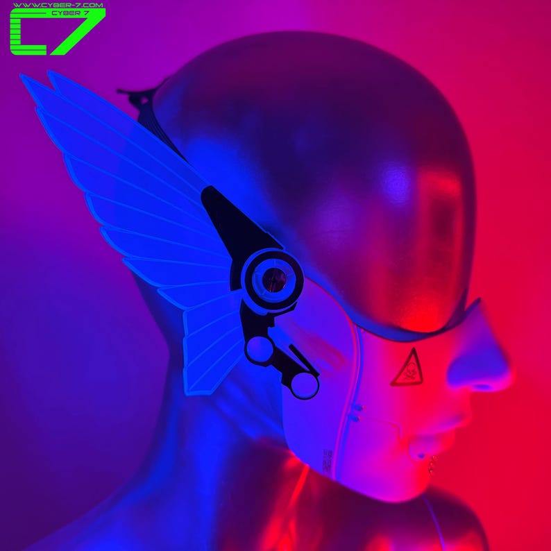 Cyberpunk Mecha Mask/Half Face Mask with Fluorescent Neon Blue Mecha Wings/Glows in Blacklight! image 1