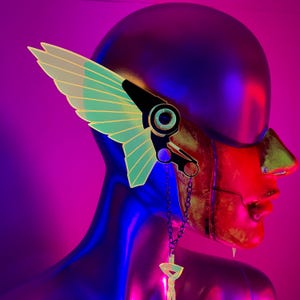 Acid Burn Cyberpunk Mecha Mask/Half Face Mask with Fluorescent Neon Yellow Mecha Wings/Glows in Blacklight!