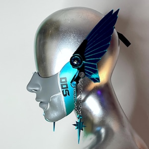 Echo Cyberpunk Mecha Mask/Half Face Mask with Teal Mirrored Acrylic Mecha Wings
