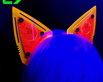 Cyberpunk Mecha Cat Ears/Fluorescent Neon Orange Acrylic/Glows in Blacklight!