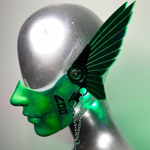 Deep Sea Cyberpunk Mecha Mask/Half Face Mask with Green Mirrored Acrylic Mecha Wings/Glows in Blacklight!