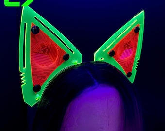 Cyberpunk Mecha Cat Ears/Fluorescent Neon Acrylic/Glows in Blacklight!