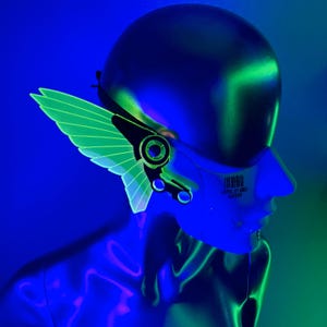 Cyberpunk Mecha Mask/Half Face Mask with Fluorescent Neon Green Mecha Wings/Glows in Blacklight!