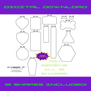 May include: A digital download of 12 different shapes for LED key chain templates. The shapes include a heart, circle, square, rectangle, bone, triangle, hexagon, and more. You receive all 12 shapes.  "LED Key Chain Templates" and "You Receive All 12 Shapes!" are written in green text on a yellow starburst.