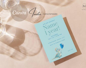 Birthday Party Invitation Template | Printable Digital | Dino Theme | Editable Canva Template | eInvitation