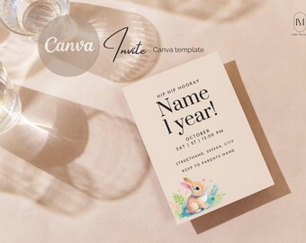 Birthday Party Invitation Template | Printable Digital | Bunny Theme | Editable Canva Template | eInvitation