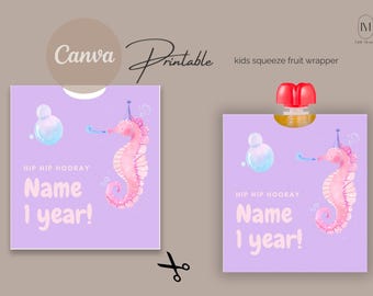 Squeeze Fruit Wrap with Custom Name | Personalized Squeeze Fruit Wrap | Mermaid Theme | Treat Wrap | Template | Instant Download