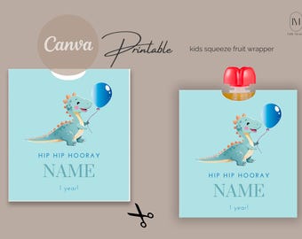 Squeeze Fruit Wrap with Your Own Name | Personalized Squeeze Fruit Wrap | Dino Theme | Treat Wrap | Template | Instant Download
