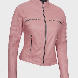 Women&#39;s Pink Leather Jacket Lambskin Cafe Racer Biker Style Jacket/ Pink Classic Fashion Leather Jacket/ Gift For Her