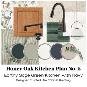 Puede incluir: Un tablero conceptual de diseño de cocina con una puerta de armario de roble miel, un grifo y herrajes de bronce oscuro, y una lámpara colgante con una pantalla de globo. Las muestras de pintura incluyen tonos de verde, blanco y azul marino. El texto dice "Honey Oak Kitchen Plan No. 5".