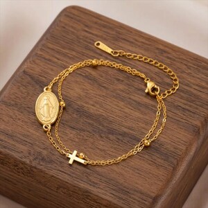 Gold Virgin Mary Cross Bracelet, Double Layer Religious Jewelry, Miraculous Medal Dainty Bracelet, Catholic Gift for Her, Spiritual Jewelry