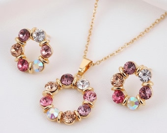 Gold Plated Colorful Crystal Jewelry Set | Matching Circle Pendant Necklace & Stud Earrings, Boho Rainbow Style