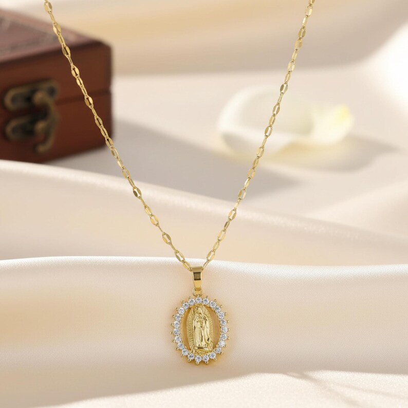 Our Lady of Guadalupe Necklace in Gold, Sparkling Zirconia Virgin Mary ...
