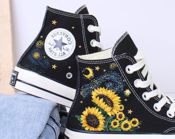 Chaussures montantes brodées tournesol tournesol : baskets personnalisées inspirées de la nuit étoilée, Converse printanière