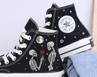 Skeleton Lover Embroidered Converse High Top, Bone Lover Sneakers, Valentine Couple Gift