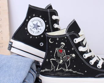 Embroidered Skeleton Couple Converse: Custom Halloween Lover Shoes