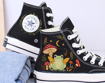 Embroidered Frog Converse High Tops: Mushroom & Fern Design