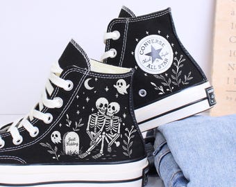 Embroidered Skeleton Couple Converse: Custom Halloween Lover Shoes