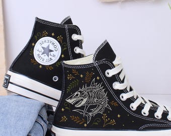 刺繍入りシャークコンバースハイカットスニーカー：手縫いのオーシャンスニーカー