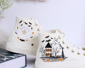 Embroidered Halloween Converse High Tops: Ghost House & Bats