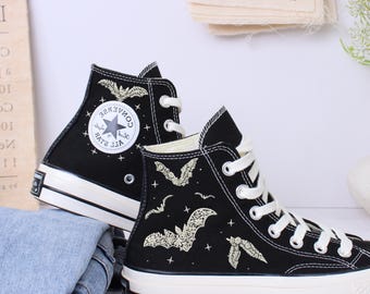 Embroidered Bat Converse: Custom Halloween Hand-Stitched Sneakers