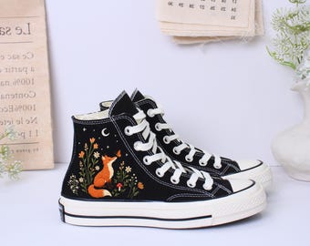 Fox and Wild Flowers Embroidered Converse High Tops: Cottagecore Forest Shoes