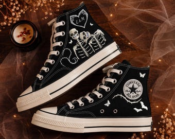 Skelettbröllops Converse, Gotiska brudskor, Anpassade Halloween-bröllopsskor