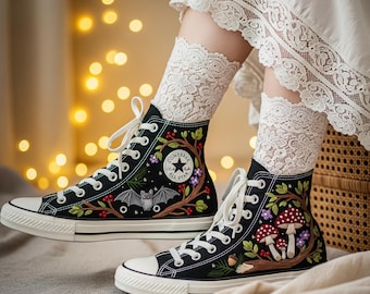 Custom Embroidered Converse Sneakers: Bat & Mushroom Design
